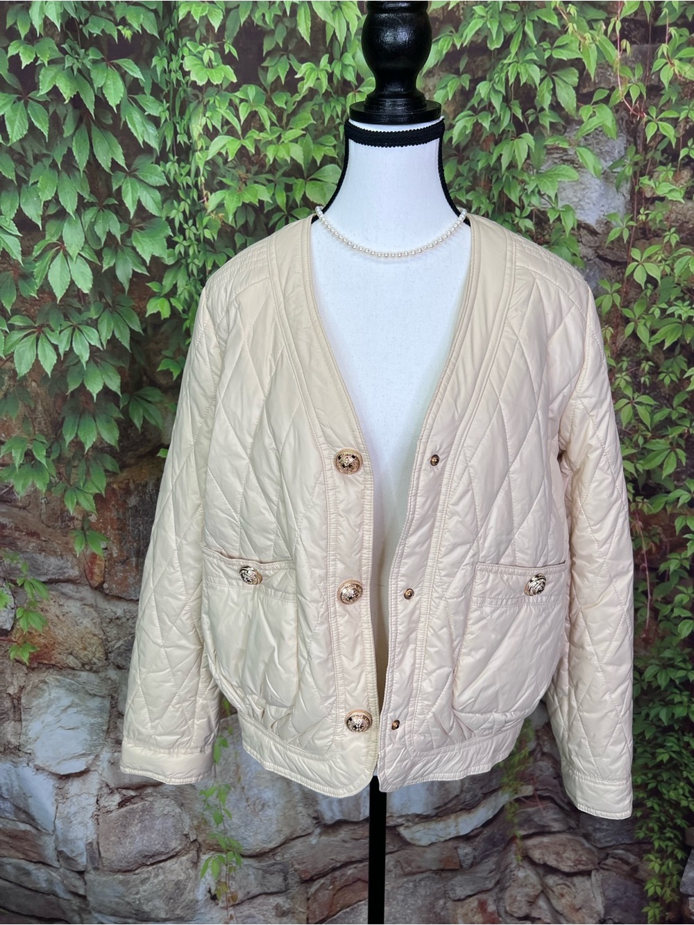JOH Cream Quilted Quiet Luxury Old Money Quilted Button Front Bomber Jacket, S - Picture 3 of 14